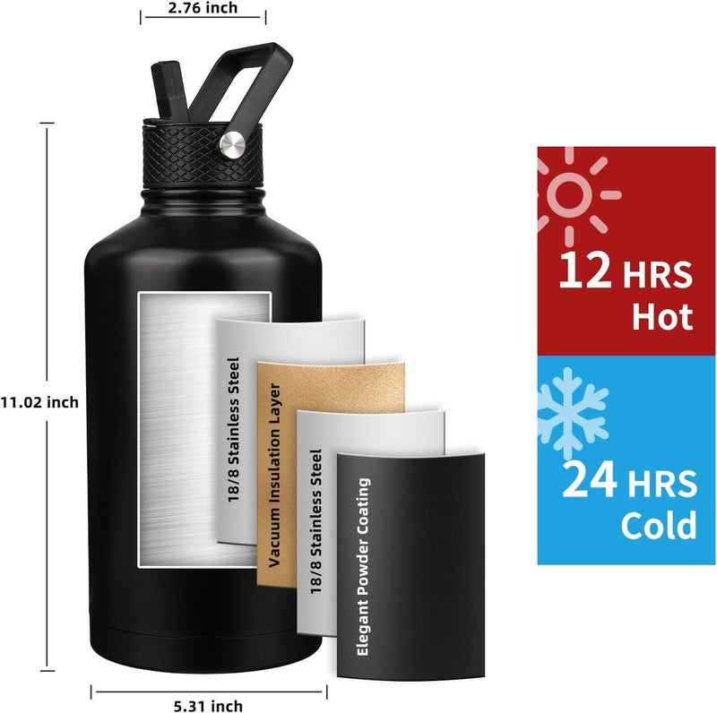 YONICOER Insulated Water Bottle 87oz,Triple Wall Vacuum Stainless Steel(Dishwasher Safe),Leak Proof & Non-BPA,Flask Jug with Paracord Handle & Straw Spout Lids Sports Black - Image 2